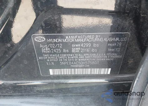 2013 Hyundai Sonata Gls z USA, uszkodzony, nr VIN 5NPEB4AC5DH575803
